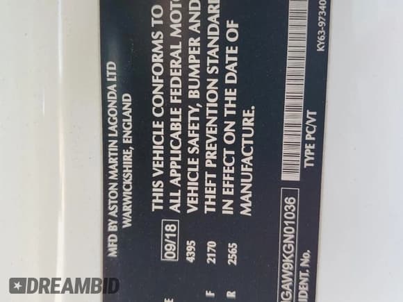 ✅ 2019 Aston Martin Vantage • VIN: SCFSMGAW9KGN01036 • Lot: 78204154. Listed on Copart with Not provided. Free auction sales archive from the USA and detailed vehicle history report at DreamBid. Image 12.