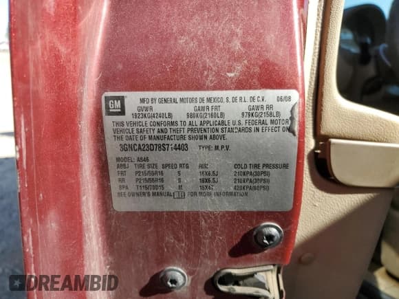 ✅ 2008 Chevrolet HHR LT • VIN: 3GNCA23D78S714403 • Lot: 46475365. Listed on Copart with 258,637 mi. Free auction sales archive from the USA and detailed vehicle history report at DreamBid. Image 13.