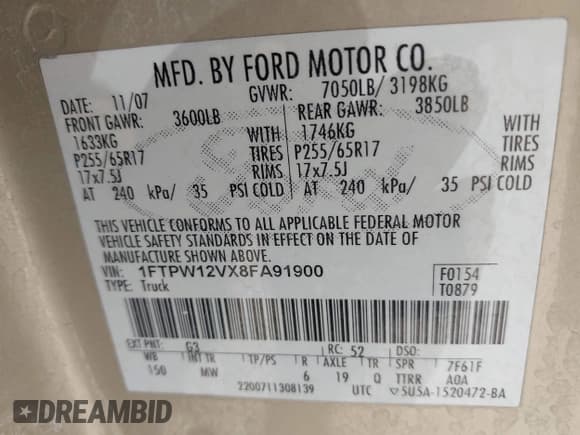 ✅ 2008 Ford F-150 XLT • VIN: 1FTPW12VX8FA91900 • Лот: 42455455. Опубликован ранее на IAAI с пробегом 329 039 миль. Бесплатный доступ к архиву аукционных продаж из США и подробный отчёт об истории автомобиля на DreamBid. Изображение 9.