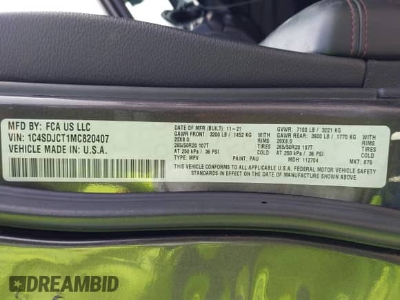 2021 Dodge Durango R/T with VIN 1C4SDJCT1MC820407, listed as a IAAI auction lot 42028410 with 75,435 mi miles and . Bid and sale history available at DreamBid. Image 9.