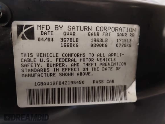 ✅ 2004 Saturn ION ION 3 • VIN: 1G8AW12F84Z195450 • Лот: 43835538. Опубликован ранее на IAAI с пробегом 108 478 миль. Бесплатный доступ к архиву аукционных продаж из США и подробный отчёт об истории автомобиля на DreamBid. Изображение 9.