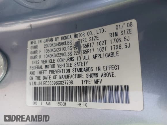 ✅ 2008 Honda CR-V LX • VIN: JHLRE38398C027798 • Lot: 43588821. Wystawiony na IAAI z przebiegiem 115 619 mil. Bezpłatny archiwum sprzedaży aukcyjnych z USA i szczegółowy raport historii pojazdu na DreamBid. Zdjęcie 9.