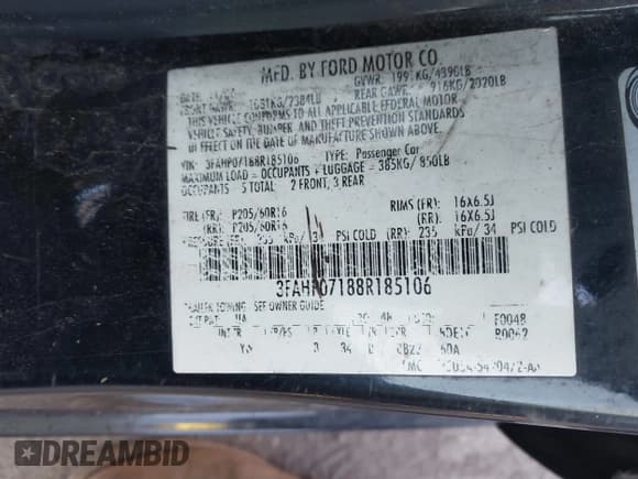 ✅ 2008 Ford Fusion SE • VIN: 3FAHP07188R185106 • Lot: 43539497. Listed on IAAI with 236,613 mi. Free auction sales archive from the USA and detailed vehicle history report at DreamBid. Image 9.