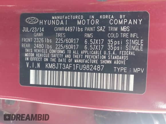 2015 Hyundai Tucson GLS with VIN KM8JT3AF1FU982487, listed as a IAAI auction lot 43618715 with 120,062 mi miles and . Bid and sale history available at DreamBid. Image 9.