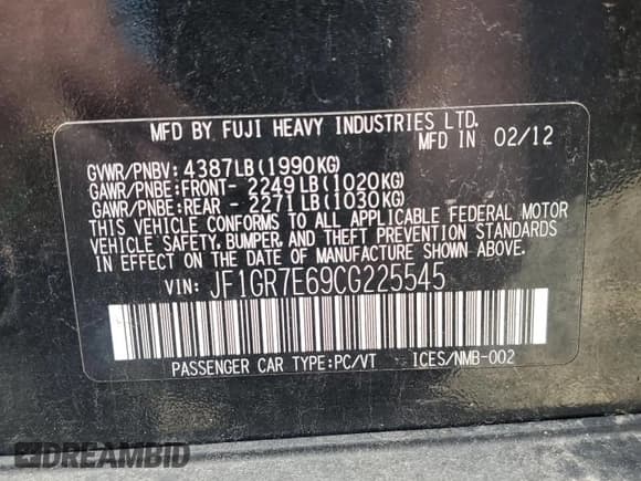 ✅ 2012 Subaru WRX WRX Limited • VIN: JF1GR7E69CG225545 • Lot: 54764225. Listed on Copart with 159,096 mi. Free auction sales archive from the USA and detailed vehicle history report at DreamBid. Image 13.