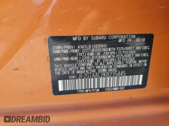 ✅ 2019 Subaru Crosstrek • VIN: JF2GTAAC2K8235445 • Lot: 80391645. Listed on Copart with 163,006 mi. Free auction sales archive from the USA and detailed vehicle history report at DreamBid. Image 12.