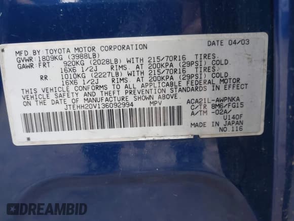 ✅ 2003 Toyota RAV4 • VIN: JTEHH20V136092994 • Lot: 43458251. Listed on IAAI with 319,790 mi. Free auction sales archive from the USA and detailed vehicle history report at DreamBid. Image 9.