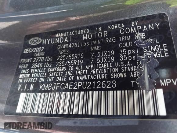 2023 Hyundai Tucson N Line with VIN KM8JFCAE2PU212623, listed as a IAAI auction lot 43440284 with 94,940 mi miles and . Bid and sale history available at DreamBid. Image 9.