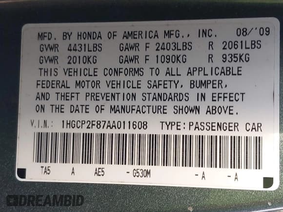 ✅ 2010 Honda Accord EX-L • VIN: 1HGCP2F87AA011608 • Lot: 43469557. Listed on IAAI with 131,825 mi. Free auction sales archive from the USA and detailed vehicle history report at DreamBid. Image 9.