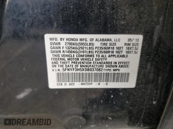 ✅ 2013 Honda Pilot EX-L • VIN: 5FNYF3H5XDB037082 • Lot: 92531565. Listed on Copart with 237,323 mi. Free auction sales archive from the USA and detailed vehicle history report at DreamBid. Image 13.