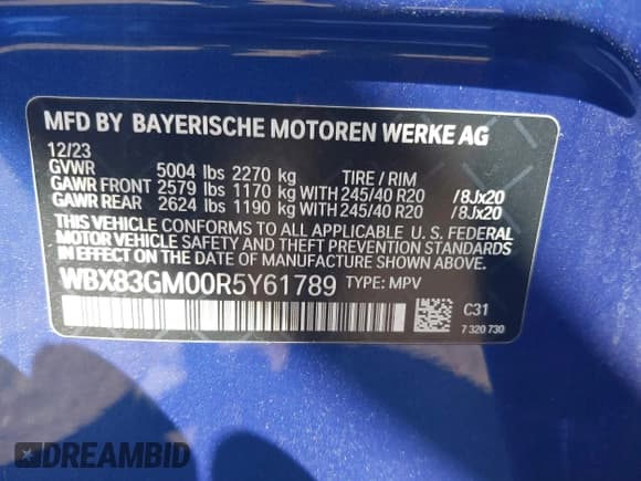 ✅ 2024 BMW X2 M35i • VIN: WBX83GM00R5Y61789 • Lot: 43167384. Listed on IAAI with 38,013 mi. Free auction sales archive from the USA and detailed vehicle history report at DreamBid. Image 9.