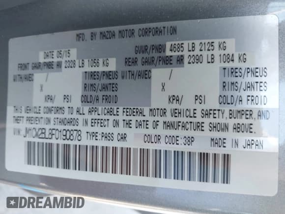 ✅ 2015 Mazda 5 Sport • VIN: JM1CW2BL8F0190878 • Lot: 42163330. Listed on IAAI with 50,237 mi. Free auction sales archive from the USA and detailed vehicle history report at DreamBid. Image 9.