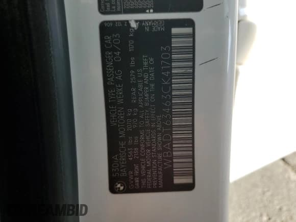 ✅ 2003 BMW 5 Series 530i • VIN: WBADT63463CK41703 • Лот: 82740255. Опубликован ранее на Copart с пробегом 161 564 миль. Бесплатный доступ к архиву аукционных продаж из США и подробный отчёт об истории автомобиля на DreamBid. Изображение 12.