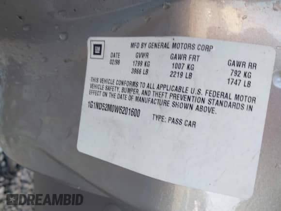 1998 Chevrolet Malibu z VIN 1G1ND52M0W6201600, wystawiony jako IAAI lot #39990604 z przebiegiem 114 468 mil mil oraz . Historia ofert i sprzedaży dostępna na DreamBid. Obrazek 9.