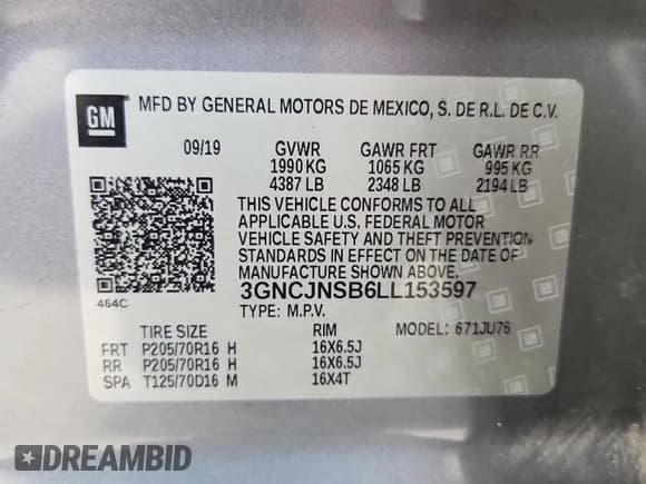 ✅ 2020 Chevrolet Trax LS • VIN: 3GNCJNSB6LL153597 • Lot: 86859355. Listed on Copart with 89,011 mi. Free auction sales archive from the USA and detailed vehicle history report at DreamBid. Image 12.