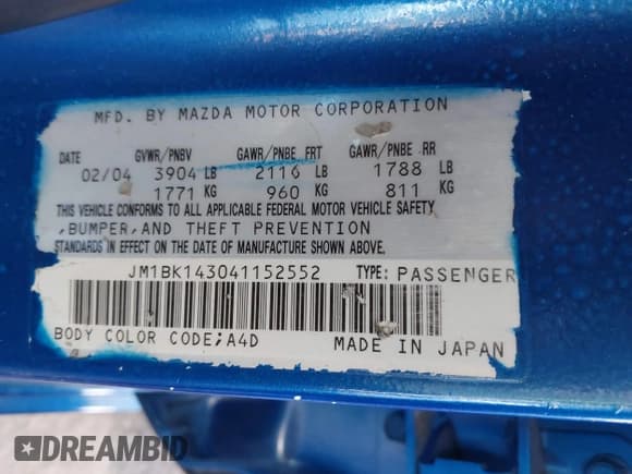 ✅ 2004 Mazda 3 s • VIN: JM1BK143041152552 • Lot: 42215652. Listed on IAAI with 222,973 mi. Free auction sales archive from the USA and detailed vehicle history report at DreamBid. Image 9.