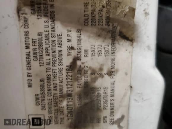 ✅ 2001 Chevrolet Blazer LT • VIN: 1GNDT13W312122184 • Lot: 85038224. Listed on Copart with 190,928 mi miles. Access the free auction sales archive from the USA and view a detailed vehicle history report at DreamBid. Image 13.