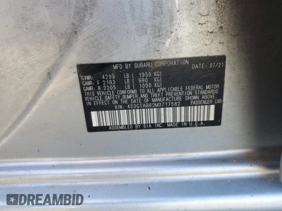 ✅ 2021 Subaru Impreza • VIN: 4S3GTAB62M3717582 • Lot: 91366145. Listed on Copart with 80,281 mi. Free auction sales archive from the USA and detailed vehicle history report at DreamBid. Image 12.