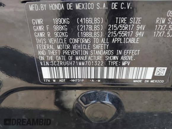 ✅ 2021 Honda HR-V EX-L • VIN: 3CZRU6H71MM701322 • Lot: 41853204. Listed on IAAI with 63,971 mi. Free auction sales archive from the USA and detailed vehicle history report at DreamBid. Image 9.