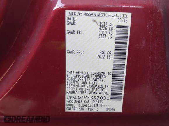 ✅ 2016 Nissan Altima S • VIN: 1N4AL3AP2GN357031 • Lot: 43808479. Listed on IAAI with 136,852 mi. Free auction sales archive from the USA and detailed vehicle history report at DreamBid. Image 9.