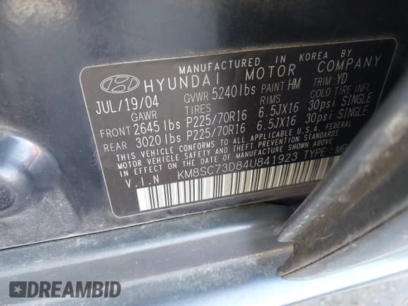 ✅ 2004 Hyundai Santa Fe GLS • VIN: KM8SC73D84U841923 • Lot: 42182384. Listed on IAAI with 121,287 mi. Free auction sales archive from the USA and detailed vehicle history report at DreamBid. Image 9.