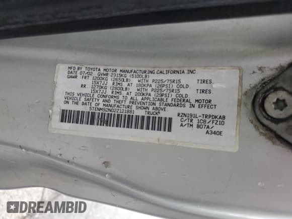 ✅ 2002 Toyota Tacoma PreRunner • VIN: 5TENM92N02Z121881 • Lot: 92675185. Listed on Copart with 234,190 mi. Free auction sales archive from the USA and detailed vehicle history report at DreamBid. Image 12.