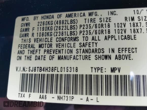 ✅ 2015 Acura RDX • VIN: 5J8TB4H38FL015318 • Lot: 42686460. Listed on IAAI with 179,562 mi. Free auction sales archive from the USA and detailed vehicle history report at DreamBid. Image 9.