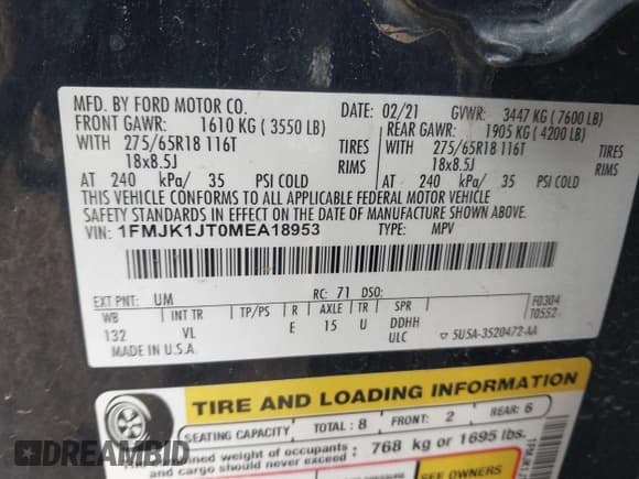 ✅ 2021 Ford Expedition Max XLT • VIN: 1FMJK1JT0MEA18953 • Lot: 41801066. Listed on IAAI with 89,986 mi. Free auction sales archive from the USA and detailed vehicle history report at DreamBid. Image 9.