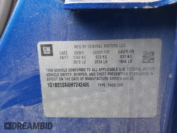 ✅ 2017 Chevrolet Cruze LT • VIN: 1G1BE5SM6H7242486 • Lot: 43576349. Listed on IAAI with 157,148 mi. Free auction sales archive from the USA and detailed vehicle history report at DreamBid. Image 9.