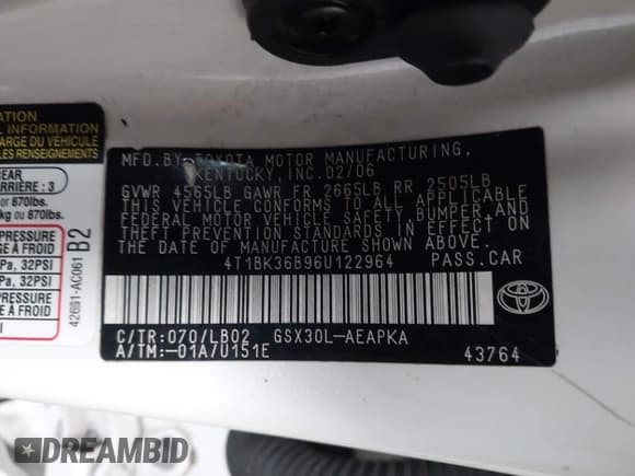 ✅ 2006 Toyota Avalon XLS • VIN: 4T1BK36B96U122964 • Лот: 43801289. Опубликован ранее на IAAI с пробегом 262 084 миль. Бесплатный доступ к архиву аукционных продаж из США и подробный отчёт об истории автомобиля на DreamBid. Изображение 9.