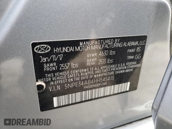 ✅ 2017 Hyundai Sonata Sport • VIN: 5NPE34AB4HH545413 • Lot: 66869822. Listed on Copart with 66,865 mi. Free auction sales archive from the USA and detailed vehicle history report at DreamBid. Image 12.