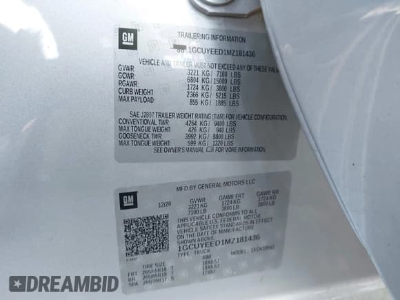 ✅ 2021 Chevrolet Silverado 1500 RST • VIN: 1GCUYEED1MZ181436 • Lot: 43452181. Listed on IAAI with 97,093 mi. Free auction sales archive from the USA and detailed vehicle history report at DreamBid. Image 9.