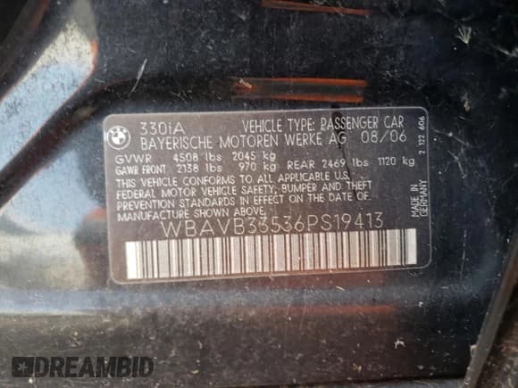 ✅ 2006 BMW 3 Series 330i • VIN: WBAVB33536PS19413 • Lot: 85938524. Listed on Copart with 168,680 mi. Free auction sales archive from the USA and detailed vehicle history report at DreamBid. Image 13.