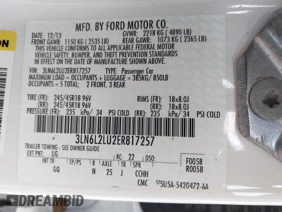 ✅ 2014 Lincoln MKZ Hybrid • VIN: 3LN6L2LU2ER817257 • Lot: 43149857. Listed on IAAI with 117,590 mi. Free auction sales archive from the USA and detailed vehicle history report at DreamBid. Image 9.