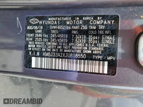 2018 Hyundai Tucson Limited z VIN KM8J33A2XJU818550, wystawiony jako Copart lot #64675655 z przebiegiem Nie podano mil oraz Szkoda całkowita • Salvage title. Historia ofert i sprzedaży dostępna na DreamBid. Obrazek 13.