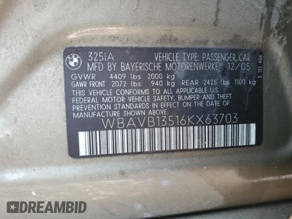 ✅ 2006 BMW 3 Series 325i • VIN: WBAVB13516KX63703 • Lot: 81314425. Listed on Copart with 198,504 mi. Free auction sales archive from the USA and detailed vehicle history report at DreamBid. Image 12.