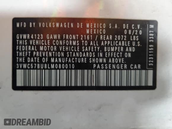 ✅ 2020 Volkswagen Jetta S • VIN: 3VWC57BU8LM080010 • Lot: 89695605. Listed on Copart with 75,372 mi. Free auction sales archive from the USA and detailed vehicle history report at DreamBid. Image 12.