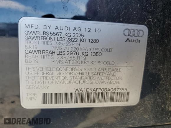 ✅ 2011 Audi Q5 Premium Plus • VIN: WA1DKAFP0BA067355 • Lot: 82733615. Listed on Copart with 152,513 mi. Free auction sales archive from the USA and detailed vehicle history report at DreamBid. Image 13.
