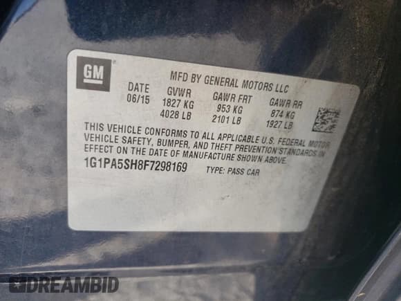 ✅ 2015 Chevrolet Cruze LS • VIN: 1G1PA5SH8F7298169 • Lot: 86673305. Listed on Copart with 120,566 mi. Free auction sales archive from the USA and detailed vehicle history report at DreamBid. Image 13.