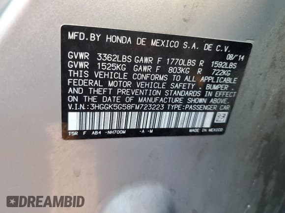 ✅ 2015 Honda Fit LX • VIN: 3HGGK5G58FM723223 • Лот: 89914365. Опубликован ранее на Copart с пробегом 84 780 миль. Бесплатный доступ к архиву аукционных продаж из США и подробный отчёт об истории автомобиля на DreamBid. Изображение 13.