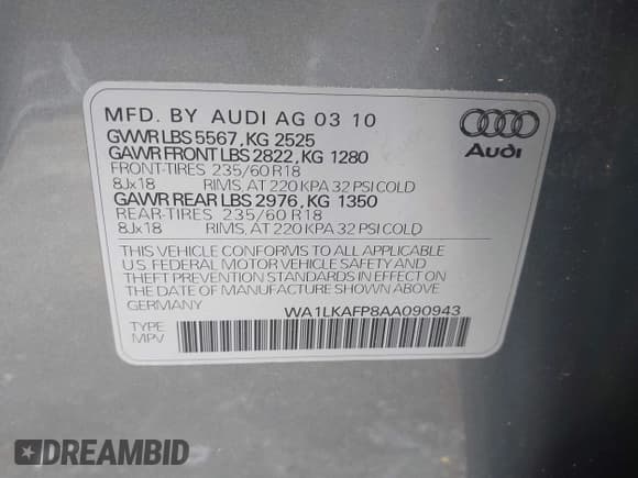 ✅ 2010 Audi Q5 Premium Plus • VIN: WA1LKAFP8AA090943 • Lot: 42262919. Wystawiony na IAAI z przebiegiem 180 691 mil. Bezpłatny archiwum sprzedaży aukcyjnych z USA i szczegółowy raport historii pojazdu na DreamBid. Zdjęcie 9.