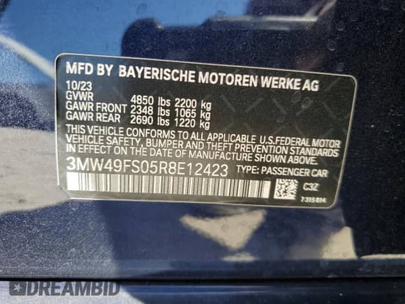 2024 BMW 3 Series M340i with VIN 3MW49FS05R8E12423, listed as a Copart auction lot 49777375 with Not provided miles and Salvage title. Bid and sale history available at DreamBid. Image 14.