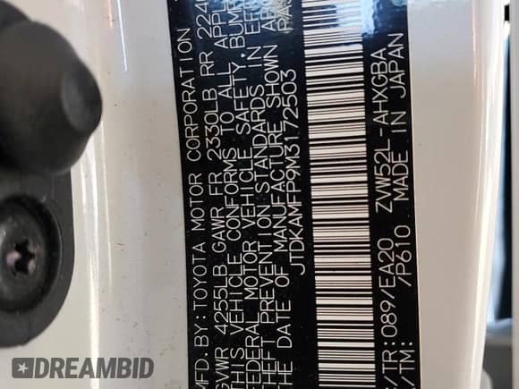 2021 Toyota Prius LE with VIN JTDKAMFP9M3172503, listed as a Copart auction lot 80928425 with 40,048 mi miles and Salvage title. Bid and sale history available at DreamBid. Image 12.