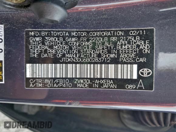 ✅ 2011 Toyota Prius I • VIN: JTDKN3DU6B0283712 • Lot: 95272715. Listed on Copart with 201,518 mi. Free auction sales archive from the USA and detailed vehicle history report at DreamBid. Image 12.