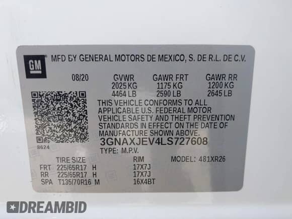 2020 Chevrolet Equinox LT z VIN 3GNAXJEV4LS727608, wystawiony jako IAAI lot #43434353 z przebiegiem 5 811 mil mil oraz . Historia ofert i sprzedaży dostępna na DreamBid. Obrazek 9.