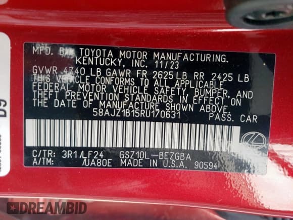 ✅ 2024 Lexus ES 350 F Sport • VIN: 58AJZ1B15RU170631 • Lot: 48592085. Wystawiony na Copart z przebiegiem 11 692 mil. Bezpłatny archiwum sprzedaży aukcyjnych z USA i szczegółowy raport historii pojazdu na DreamBid. Zdjęcie 13.