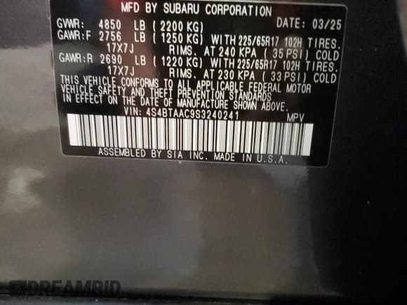 ✅ 2025 Subaru Outback • VIN: 4S4BTAAC9S3240241 • Lot: 67749855. Listed on Copart with 3,120 mi. Free auction sales archive from the USA and detailed vehicle history report at DreamBid. Image 13.