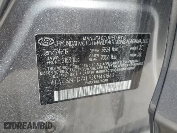 ✅ 2019 Hyundai Elantra SE • VIN: 5NPD74LF2KH461663 • Lot: 47359335. Listed on Copart with 45,914 mi. Free auction sales archive from the USA and detailed vehicle history report at DreamBid. Image 12.