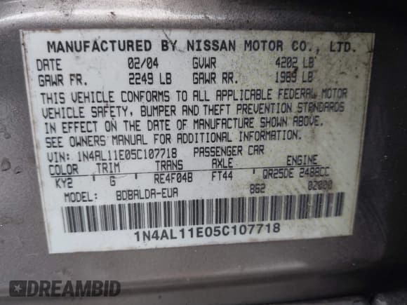 ✅ 2005 Nissan Altima SL • VIN: 1N4AL11E05C107718 • Lot: 42970393. Listed on IAAI with 238,599 mi. Free auction sales archive from the USA and detailed vehicle history report at DreamBid. Image 9.