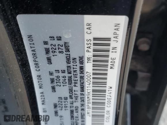 ✅ 2019 Mazda 3 Premium • VIN: JM1BPBNM9K1140007 • Lot: 91580885. Listed on Copart with 38,021 mi. Free auction sales archive from the USA and detailed vehicle history report at DreamBid. Image 12.